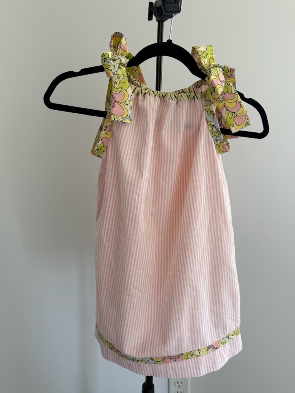 Girls Light Pink Striped Sundress with Floral Tie-Straps